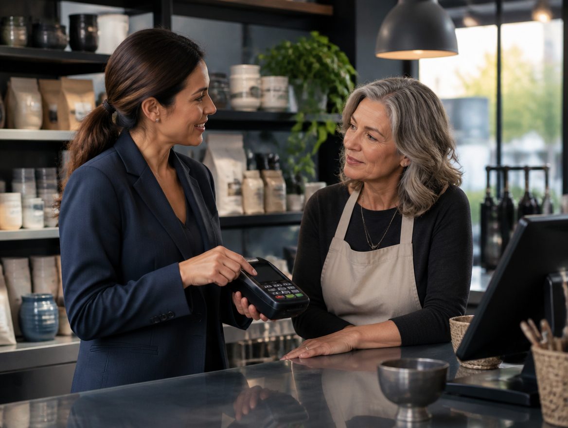 Specialist demonstrating a terminal to a merchant