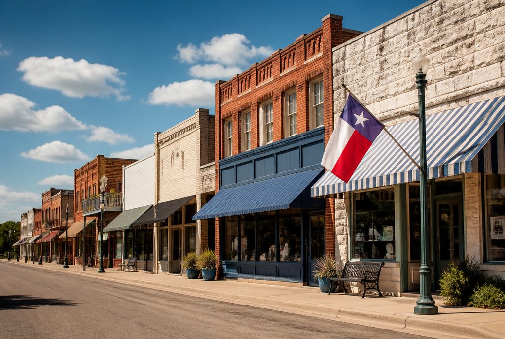 Texas main street storefronts with a Texas flag